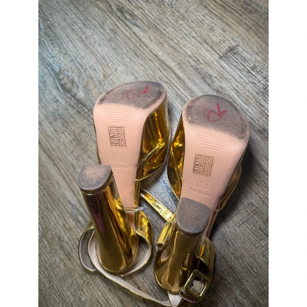 NobleOnly Gold Metallic Platform Heels 7.5 Mirror Block Heel Sandals YG86-X40